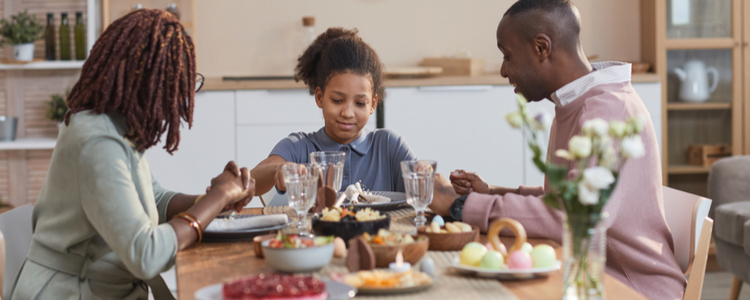 Happy family enjoying union made Easter dinner  Happy family enjoying union made Easter dinner