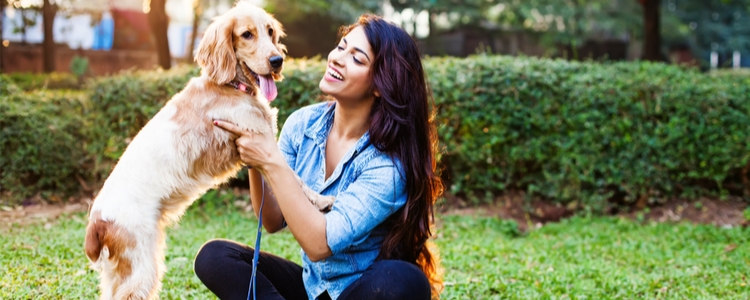 Happy pet owner with dog that has spring allergies and uses Union Plus Pet Health Insurance Happy pet owner with dog that has spring allergies and uses Union Plus Pet Health Insurance
